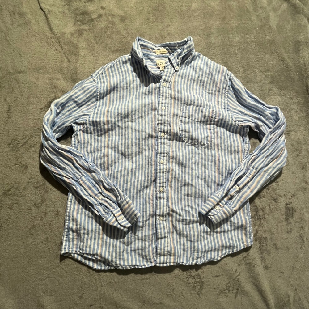 J.Crew Shirt Mens Large Blue Striped Baird McNutt Irish Linen Slim Untucked